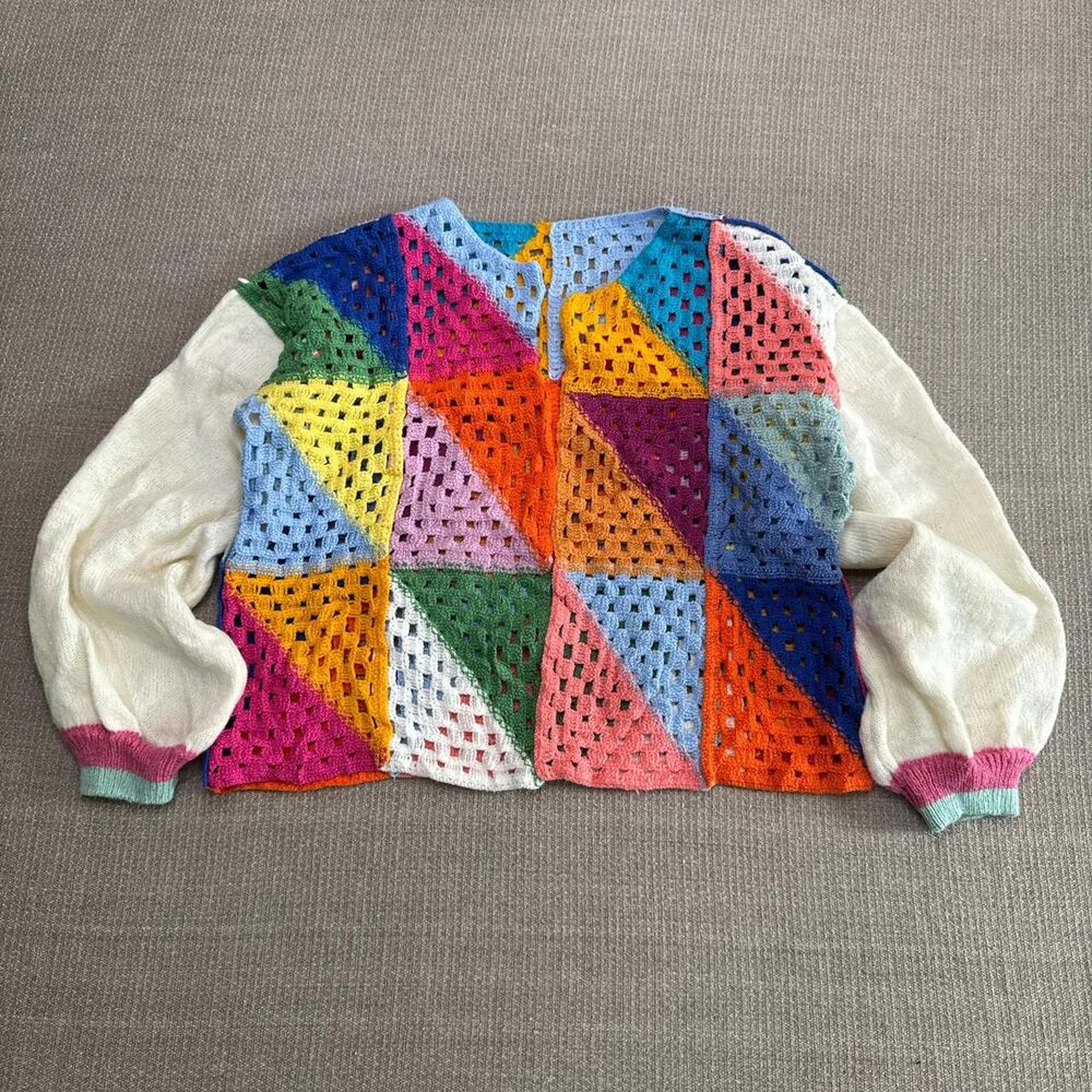 Patchwork crochet granny square sweater colorful cardigan w/ balloon sleeves Sm